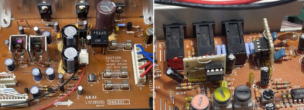 Carte électronique d'un Akai AX73 montrant le remplacement des condensateurs de filtrage, d'une diode Zener défectueuse et des amplificateurs opérationnels de sortie.